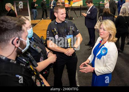 Anna Firth, Conservative MP, speaking to police at the verification and ballot count for the Southend West by election on 3 February 2022. Security Stock Photo