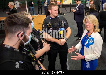 Anna Firth, Conservative MP, speaking to police at the verification and ballot count for the Southend West by election on 3 February 2022. Security Stock Photo