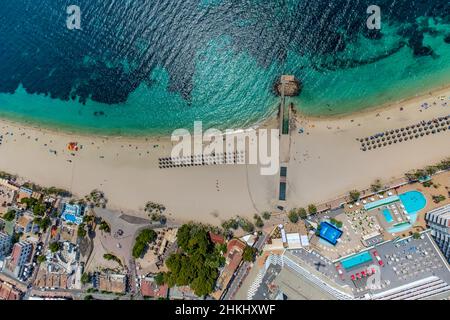 Aerial view, sandy beach Platja de Magaluf, Magaluf, Calvià, Majorca, Balearic Islands, Spain, bathers, jetty, ES, Europe, aerial photography, aerial Stock Photo