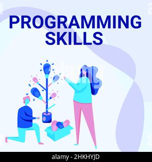 Sign displaying Programming Skills. Business concept skills vital to write a program so computer can process Man And Woman Drawing Standing Kneeling Stock Photo