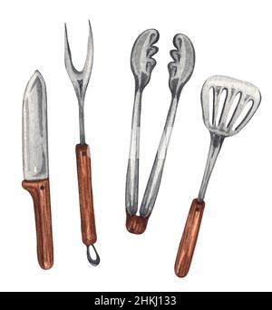 BBQ tools and utensils. Watercolor kitchen tools Illustration Stock Photo