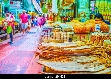 The market stall with dried seafood, Sampheng chinese market in Bangkok, Thailand Stock Photo