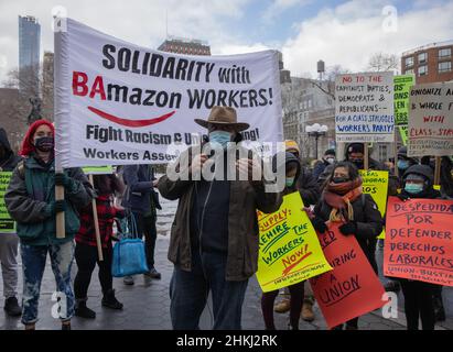 NEW YORK, N.Y. – February 20, 2021: Demonstrators rally in Manhattan in support of Amazon workers in Alabama who are seeking to form a union. Stock Photo