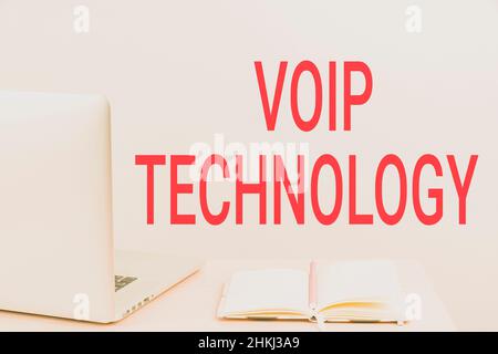 Writing displaying text Voip Technology. Internet Concept Voip Technology Tidy Workspace Setup, Writing Desk Tools Equipment, Smart Office Stock Photo