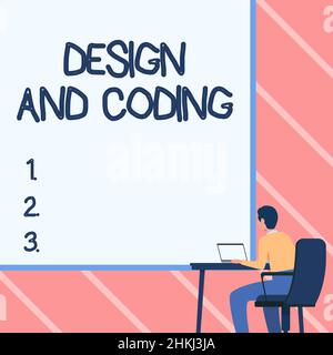 Hand writing sign Design And Coding. Business showcase tool that can be used in design and planning process Man Sitting Armchair Using Laptop Placed Stock Photo