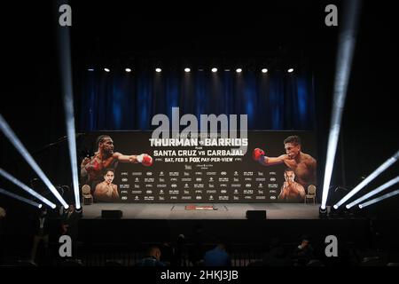 Las Vegas, USA. 04th Feb, 2022. LAS VEGAS, NV - FEBRUARY 4: The stage is set for the official weigh-ins for the Thurman vs Barrios event at the Mandalay Bay Michelob Ultra Arena February 5, 2022 in Las Vegas, Nevada. (Photo by Alejandro Salazar/PxImages) Credit: Px Images/Alamy Live News Stock Photo