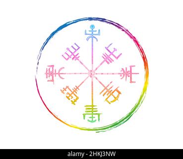 Vegvisir runic compass colorful pencil drawing style, Hand drawing of Viking symbols, Sacred Norse, round logo vector illustration isolated on white Stock Vector