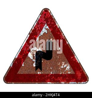 Old grunge EU road sign Warning sign - Double bend or more consecutive turns, first to the right Stock Photo