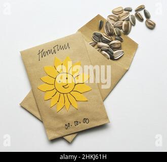 Two brown paper envelopes with sunflowers seeds spilling out Stock Photo