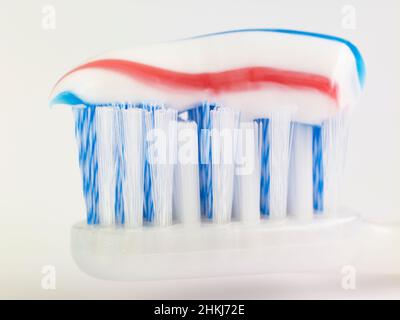 Striped toothpaste on a toothbrush head Stock Photo