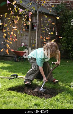 Boy digging hole in ground using spade Stock Photo