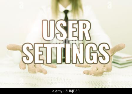 Hand writing sign User Settings. Word Written on Configuration of appearance Operating System Personalized Developer Discussing Gadget Upgrade Stock Photo