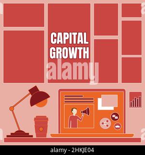 Hand writing sign Capital Growth. Conceptual photo increase in the value of an asset or investment over time Laptop On A Table Beside Coffee Mug And Stock Photo