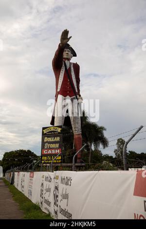 Controversial huge statue of Captain James Cook on the Captain Cook Highway in Cairns. It is set to be removed. Cairns, Queensland, Australia Stock Photo