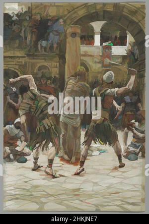 Art inspired by The Scourging on the Front, La flagellation de face, The Life of Our Lord Jesus Christ, La Vie de Notre-Seigneur Jésus-Christ, James Tissot, French, 1836-1902, Opaque watercolor over graphite on gray wove paper, France, 1886-1894, Image: 14 1/4 x 9 11/16 in., 36.2 x 24.6, Classic works modernized by Artotop with a splash of modernity. Shapes, color and value, eye-catching visual impact on art. Emotions through freedom of artworks in a contemporary way. A timeless message pursuing a wildly creative new direction. Artists turning to the digital medium and creating the Artotop NFT Stock Photo