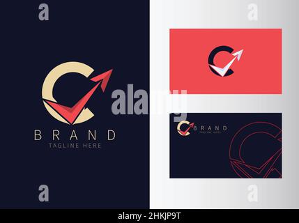 Abstract Initial Letter C Travel Logo. Gold Color Shape with Red Arrow design vector illustration. Usable for Business and Branding Logos. Flat Luxury Stock Vector