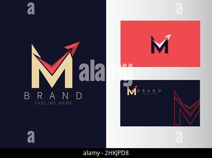 Abstract Initial Letter M Travel Logo. Gold Color Shape with Red Arrow design vector illustration. Usable for Business and Branding Logos. Flat Luxury Stock Vector