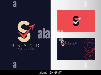 Abstract Initial Letter S Travel Logo. Gold Color Shape with Red Arrow design vector illustration. Usable for Business and Branding Logos. Flat Luxury Stock Vector