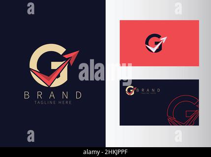 Abstract Initial Letter G Travel Logo. Gold Color Shape with Red Arrow design vector illustration. Usable for Business and Branding Logos. Flat Luxury Stock Vector