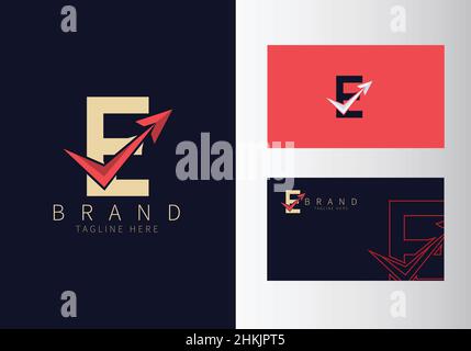 Abstract Initial Letter E Travel Logo. Gold Color Shape with Red Arrow design vector illustration. Usable for Business and Branding Logos. Flat Luxury Stock Vector