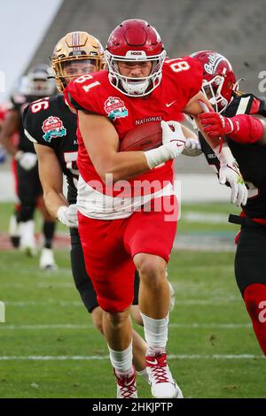 National Team tight end Blake Kern (81) of Arkansas runs National Team tight end Blake Kern (81) of Arkansas runs