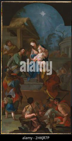 Art inspired by Adoration of the Magi, Adoración de los Magos, Antonio González Velázquez, Spanish, 1723-1794, Oil on canvas, Europe, mid 18th century, 32 3/16 x 17 in., 81.8 x 43.2 cm, Balthasar, Caspar, European, frankincense, gold, Jesus, Joseph, lance, Madonna, magi, manger, master, Classic works modernized by Artotop with a splash of modernity. Shapes, color and value, eye-catching visual impact on art. Emotions through freedom of artworks in a contemporary way. A timeless message pursuing a wildly creative new direction. Artists turning to the digital medium and creating the Artotop NFT Stock Photo