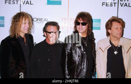 April 29, 2009, New York City, New York, USA: Rock Stars David Bryan, Tico Torres, Richie Sambora, Jon Bon Jovi (L-R) arrive at the Tribeca Film Festival premiere of the documentary film about his band ''Bon Jovi:When We Were Beautiful'' in New York City. (Credit Image: © Walter Weissman/ZUMA Press Wire) Stock Photo