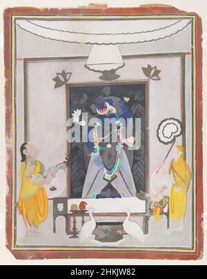 Art inspired by Worship of Shri Nathaji, Indian, Opaque watercolor, gold and silver on paper, Rajasthan, India, mid-19th century, sheet: 13 1/8 x 10 1/4 in., 33.3 x 26 cm, Arati, Banta, bird, birds, Fans, Gold, Indian painting, Jhari, Kota, Krishna, Lamp, lotusflower, Paper, people, Classic works modernized by Artotop with a splash of modernity. Shapes, color and value, eye-catching visual impact on art. Emotions through freedom of artworks in a contemporary way. A timeless message pursuing a wildly creative new direction. Artists turning to the digital medium and creating the Artotop NFT Stock Photo