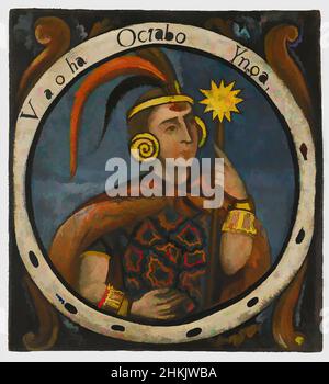 Art inspired by Viracocha, Eighth Inca, 1 of 14 Portraits of Inca Kings, Peruvian, Oil on canvas, Peru, mid-18th century, probably, Colonial Period, 23 3/8 x 21 9/16in., 59.4 x 54.8cm, armbands, Conquest, earspools, feather, headdress, hispanic heritage, historical, Inca, Inca kings, Classic works modernized by Artotop with a splash of modernity. Shapes, color and value, eye-catching visual impact on art. Emotions through freedom of artworks in a contemporary way. A timeless message pursuing a wildly creative new direction. Artists turning to the digital medium and creating the Artotop NFT Stock Photo