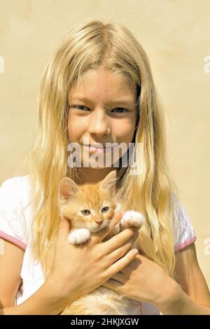 domestic cat, house cat (Felis silvestris f. catus), little blonde girl happily holding a kitten in her hands, portrait Stock Photo