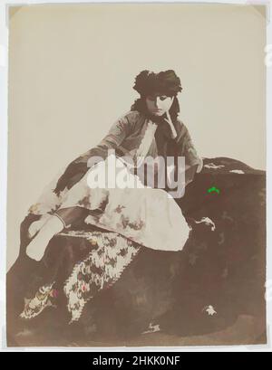 Art inspired by Reclining Woman with a Turban, Antoin Sevruguin, Albumen silver photograph, late 19th century, Qajar, Qajar Period, 8 1/6 x 6 3/16 in., 20.7 x 15.7 cm, costume, girl, historical fashion, Iran, Middle East, Odalisque, Persia, persian rug, photograph, portrait, studio, Classic works modernized by Artotop with a splash of modernity. Shapes, color and value, eye-catching visual impact on art. Emotions through freedom of artworks in a contemporary way. A timeless message pursuing a wildly creative new direction. Artists turning to the digital medium and creating the Artotop NFT Stock Photo