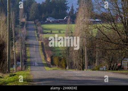 A country road stretches off into the distance in the strong sunlight late in the afternoon near a farm in the Cowichan Valley on Vancouver Island, BC. Stock Photo