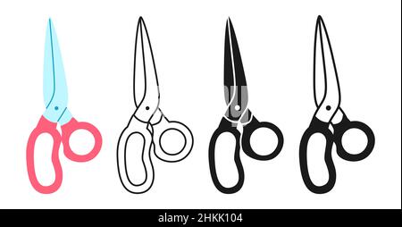 Scissor icon cartoon drawn or glyph stamp, doodle line set. Shear cutout tool simple flat symbol. Hairdresser haircut, tailor barber cut sign. Vector design for mobile apps, web and print media Stock Vector
