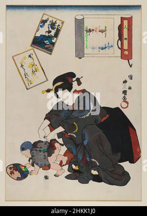 Art inspired by 17: Poem by Ariwara no Narihira Ason, from the series Pictorial Selection of One Hundred Poets, One Poem Each, Utagawa Kunisada II, Japanese, 1823-1880, Color woodblock print on paper, Japan, 1844, 5th month, Edo Period, 14 1/8 x 9 1/4 in., 35.9 x 23.5 cm, 19th, century, Classic works modernized by Artotop with a splash of modernity. Shapes, color and value, eye-catching visual impact on art. Emotions through freedom of artworks in a contemporary way. A timeless message pursuing a wildly creative new direction. Artists turning to the digital medium and creating the Artotop NFT Stock Photo