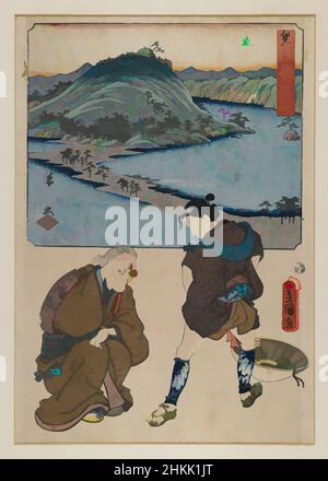 Art inspired by Station 32, Arai: View of the Distant Lake and the Horie Area; Identity Inspection Granny at the Lake, from the series The Fifty-three Stations by Two Brushes, Color woodblock print on paper, Japan, 1855, 4th month, Edo Period, 14 1/4 x 9 7/8 in., 36.2 x 25.1 cm, Classic works modernized by Artotop with a splash of modernity. Shapes, color and value, eye-catching visual impact on art. Emotions through freedom of artworks in a contemporary way. A timeless message pursuing a wildly creative new direction. Artists turning to the digital medium and creating the Artotop NFT Stock Photo