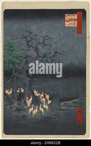 Art inspired by New Year's Eve Foxfires at the Changing Tree, Oji, No. 118 from One Hundred Famous Views of Edo, Utagawa Hiroshige, Ando, Japanese, 1797-1858, Woodblock print, Japan, 9th month of 1857, Edo Period, Ansei Era, sheet: 14 3/16 x 9 1/4 in., 36.0 x 23.5 cm;, 19th century, Classic works modernized by Artotop with a splash of modernity. Shapes, color and value, eye-catching visual impact on art. Emotions through freedom of artworks in a contemporary way. A timeless message pursuing a wildly creative new direction. Artists turning to the digital medium and creating the Artotop NFT Stock Photo