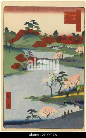 Art inspired by Open Garden at Fukagawa Hachiman Shrine, No. 68 from One Hundred Famous Views of Edo, Utagawa Hiroshige, Ando, Japanese, 1797-1858, Woodblock print, Japan, 8th month of 1857, Edo Period, Ansei Era, Sheet: 14 1/4 x 9 5/16 in., 36.2 x 23.7 cm, 19th Century, blue, bridge, Classic works modernized by Artotop with a splash of modernity. Shapes, color and value, eye-catching visual impact on art. Emotions through freedom of artworks in a contemporary way. A timeless message pursuing a wildly creative new direction. Artists turning to the digital medium and creating the Artotop NFT Stock Photo