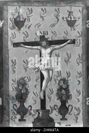 Art inspired by Painting Showing the Crucifixion, Tepatitlan, Paint on tin, Mexico, 1842, 14 x 10 in., 35.6 x 25.4 cm, Christianity, crucifixion, death, devotion, flowers, INRI, inscription, Jesus, Jesus Christ, martyr, painting, pattern, sign, Spanish Colonial, suffering, title, urns, Classic works modernized by Artotop with a splash of modernity. Shapes, color and value, eye-catching visual impact on art. Emotions through freedom of artworks in a contemporary way. A timeless message pursuing a wildly creative new direction. Artists turning to the digital medium and creating the Artotop NFT Stock Photo