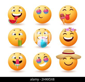 Summer emoji vector set design. Emojis emoticon in funny and cute faces with summer vacation objects for tropical season emoticons character. Stock Vector