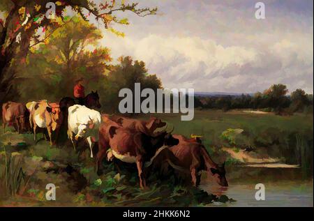 Art inspired by Cattle and Landscape, Oil on canvas, 1867, 19 13/16 x 29 13/16 in., 50.4 x 75.7 cm, 1867, 19th Century, American painter, cattle, clouds, cows, drinking, grass, Hart, herder, horizontal, Hudson River School, landscape, livestock, oil on canvas, oil painting, painting, Classic works modernized by Artotop with a splash of modernity. Shapes, color and value, eye-catching visual impact on art. Emotions through freedom of artworks in a contemporary way. A timeless message pursuing a wildly creative new direction. Artists turning to the digital medium and creating the Artotop NFT Stock Photo