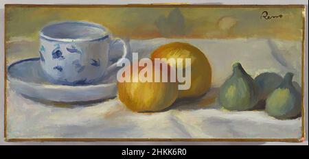 Art inspired by Still Life with Blue Cup, Nature morte à la tasse bleue, Pierre-Auguste Renoir, French, 1841-1919, Oil on canvas, France, ca. 1900, 6 x 13 1/8 in., 15.2 x 33.3 cm, apple, blue, blue cup, colorful, cook, cup, dining, eating, european, fig, food, food and drink, French, Classic works modernized by Artotop with a splash of modernity. Shapes, color and value, eye-catching visual impact on art. Emotions through freedom of artworks in a contemporary way. A timeless message pursuing a wildly creative new direction. Artists turning to the digital medium and creating the Artotop NFT Stock Photo