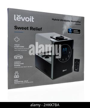 Winneconne, WI -23 January 2021: A package of Levoit hybrid ultrasonic humidifier on an isolated background Stock Photo