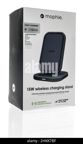 Winneconne, WI -23 January 2021: A package of Mophie wireless charging stand on an isolated background Stock Photo
