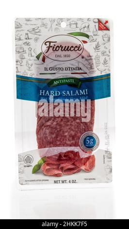 Winneconne, WI -23 January 2021: A package of Fiorucci hard salami on an isolated background Stock Photo