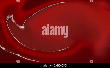 Deep red abstract fluid swirls highlighted with silver metallic foil, with copy space Stock Photo