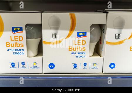 Tyumen, Russia-December 02, 2021: Aro LED light bulbs non-food products. Own brand of Metro CC. Stock Photo