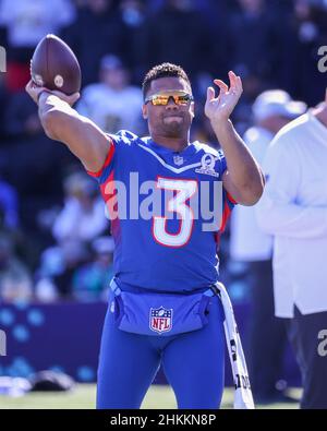 February 5, 2022: Seattle Seahawks quarterback Russell Wilson (3) during  the NFC Pro Bowl Practice at Las Vegas Ballpark in Las Vegas, Nevada.  Darren Lee/(Photo by Darren Lee/CSM/Sipa USA Stock Photo 