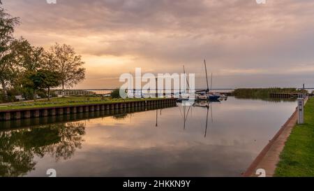 Ueckeritz, Mecklenburg-Western Pomerania, Germany - October 05, 2020: Boats in the Achterwasser harbour Stock Photo