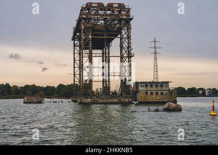 Karnin, Mecklenburg-Western Pomerania, Germany - October 08, 2020: The remains of the railway lift bridge Stock Photo