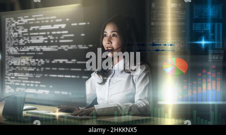 Asian Woman support desk working hard late at night over visual screen of Internet of Things Technology, Call center and customer service with technol Stock Photo
